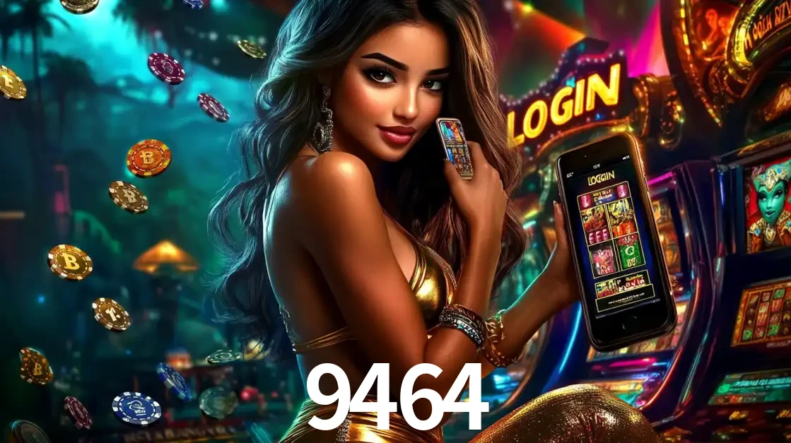 Mulher em um cenário de cassino temático de aventura, mostrando o app de caça-níqueis da 9464 no celular. Fichas de apostas flutuam ao redor.