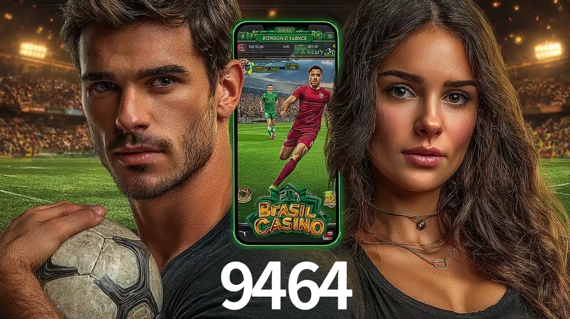 Homem segurando uma bola de futebol e uma mulher ao lado de um smartphone exibindo o jogo de apostas esportivas da 9464. Faça seu palpite no cassino online.